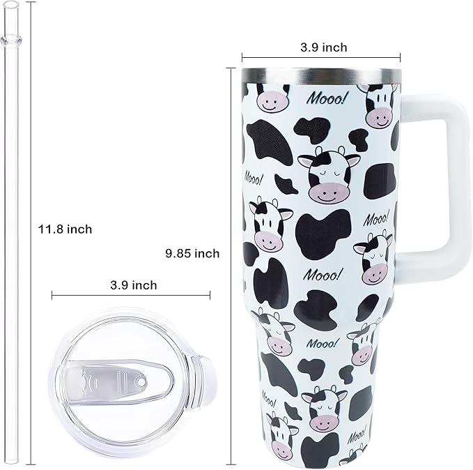 40 oz Tumbler with Handle and Straw, Stainless Steel Insulated Cup with Leak Proof Lid and Straw Lid, Keep Drinks Cold and Hot for Hours(Cow)
