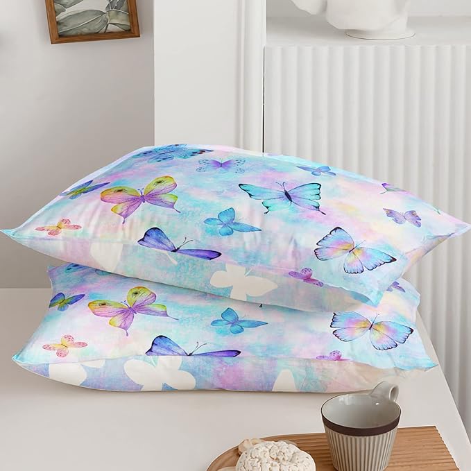 BSNTHO Butterfly Comforter Set Reversible Design Blue Tie Dye Bedding Set Twin Size Rainbow Watercolor Comforter 3 Pieces Super Soft Lightweight