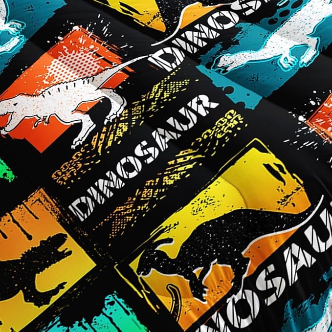 Suncloris Kids Dinosaur Comforter, Colorful Cartoon Dino Bedding Bedspread for Boys Teens, Lightweight Microfiber Geometric Plaid Jungle Animals Quilt Bedroom Decor with 2 Pillow Cases (03, Twin)
