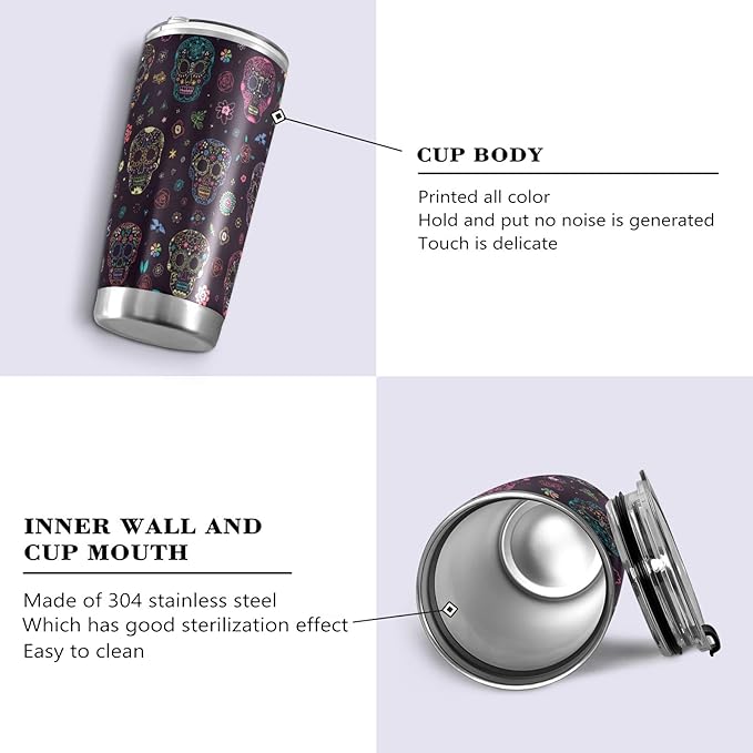 Tumbler Neon Sugar Skull Flower Insulated Halloween Office Coffee Cup Back to School Beverage Container Travel Mug with Straw and Lid Double Wall Stainless Steel 20oz