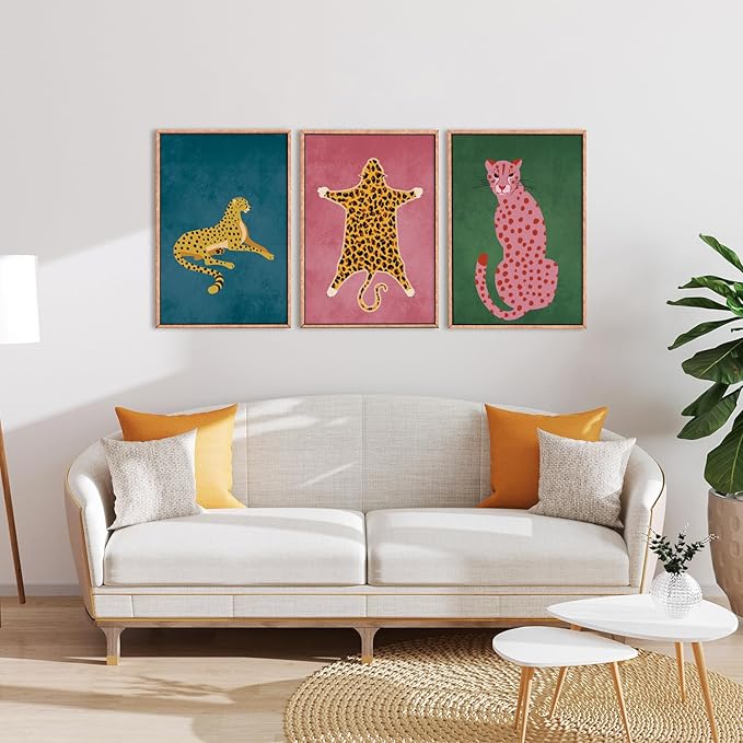 Ausril Cheetah Animals Framed Canvas Wall Art Set, Leopard Preppy Room Wall Decor, Modern Boho Cats Wall Painting, Pink Dot Cartoon Art Print for Living Room Bedroom Dinning Room Office 16"x24"x3