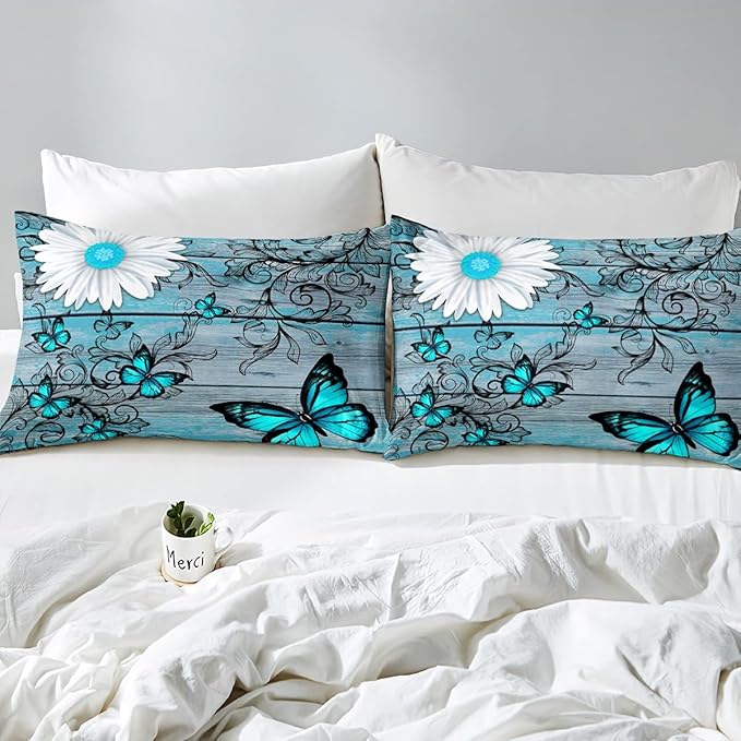Butterfly Bedding Sets for Girls Teens Women Bedroom Rustic Flower Comforter Set,Blue Butterflies White Chic Floral Duvet Set Retro Vintage Romantic Style Quilt Set Queen Size Soft Lightweight