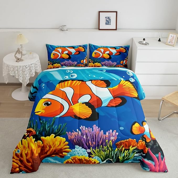 Tropical Fish Comforter Set Queen Size,Colorful Underwater World Bedding Set,Coral Fish Ocean Life Quilt Set for Kids Girls Boys Teens Room Decor,Hawaii Sea Style Duvet Insert,2 Pillowcases