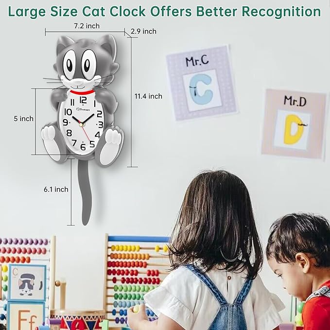 Soobest 18 Inch Large 3D Cat Wall Clock Battery Operated with Moving Eyes and Pendulum Tail, Retro Kids Analog Wall Clock for Gift Decor Gray