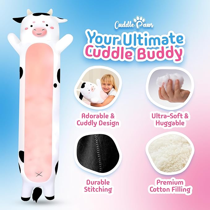 Stuffed Animal Cow Print Body Pillow – Soft Plush Toy & Throw Pillow for Kids, Large (47 Inches), Kawaii Stuff Gift for Girls
