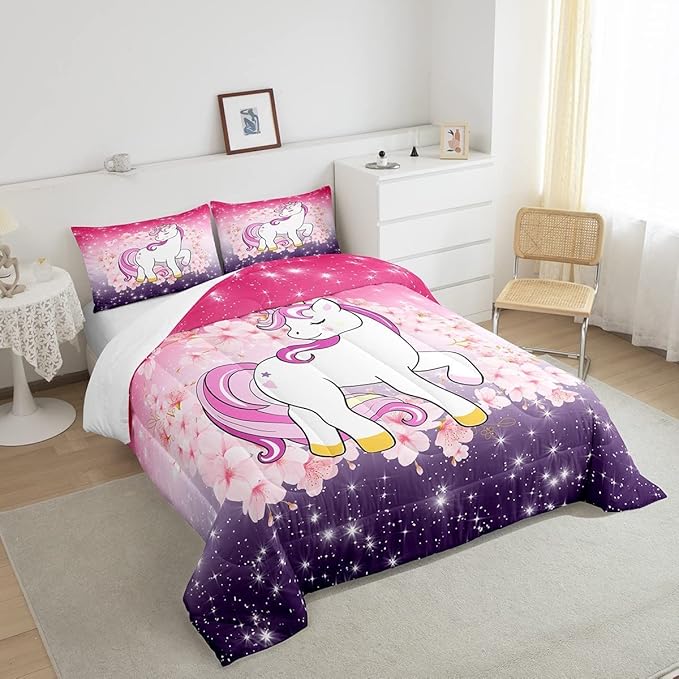 Unicorn Comforter Set King Glitter Bedding Set Cherry Blossoms Duvet Insert Kids Cartoon Kawaii Animal Down Comforter Ombre Galaxy Stars Fantasy Girls Room Decor Quilt Set Aesthetic Pink Purple