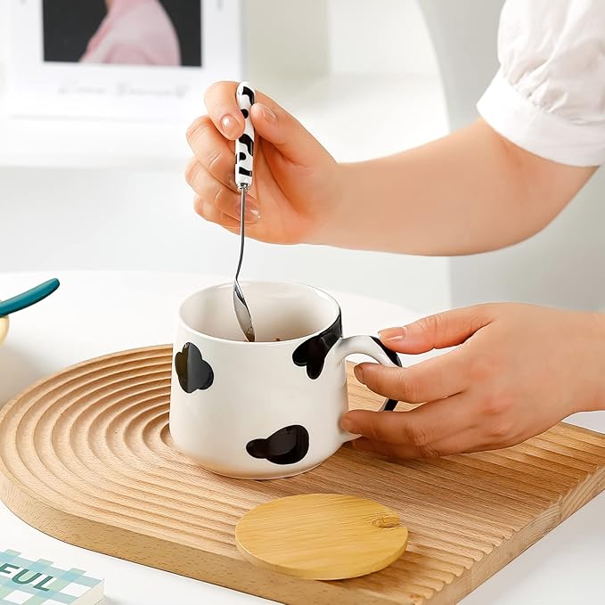 BigNoseDeer Cute Ceramic Cow Mug with 3D Cow Inside,Cow Print Coffee Mug,Cute Mugs with Lid Spoon,Cute Stuff Cool stuff Birthday Gifts Anime Gifts for Women Girlfrend Kids13oz