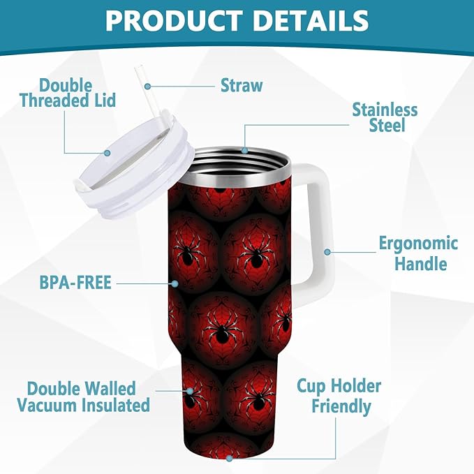 Boccsty Black Red Spider's Web Insulated Tumblers Reusable Stainless Steel Tumbler 40 oz Cup Coffee Travel Mug Water Bottle with Handle & Flip Straw for Home Office Car