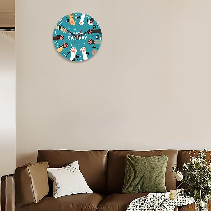 Wall Clock,Cute Cat Paw Wooden Wall Clocks Art Hanging Silent Non-Ticking Wall Clock Battery Operated Round Home Arabic Numeral Decorative Wall Clocks 10 Inch