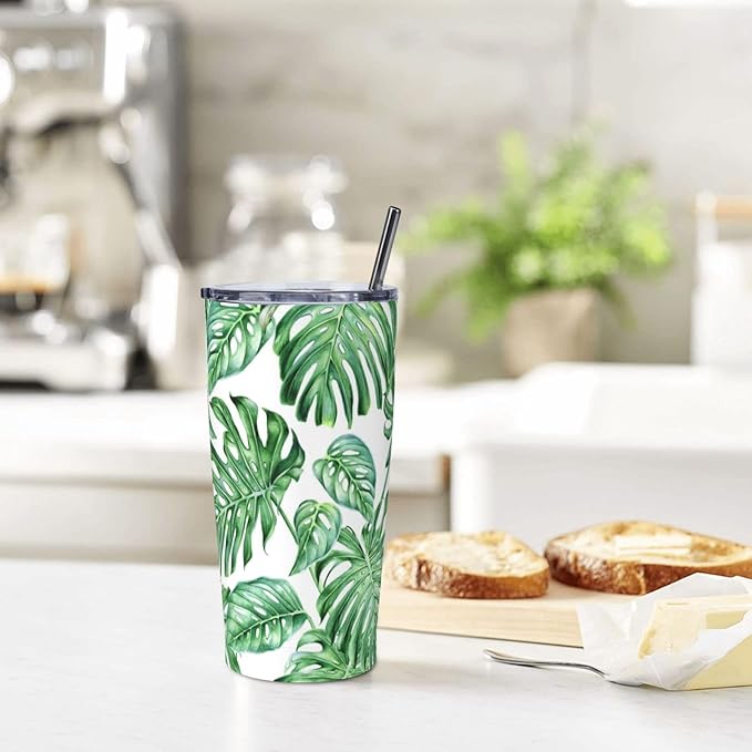 Tropical Palm Leaves Tumbler Stainless Steel Insulated Tumblers with Lid and Straw Reusable Hawaiian Plants Coffee Travel Mug Tea Drinking Wine Cups Unique Gifts for Women 20 Oz