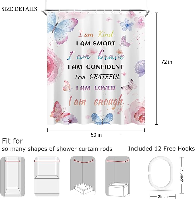 Watercolor Butterfly Inspirational Quote Shower Curtain Sets for Bathroom 60Wx72H Colorful Flower Floral Butterfly Shower Curtain Girls Bathtub Curtain Motivational Positive Bathroom Decor