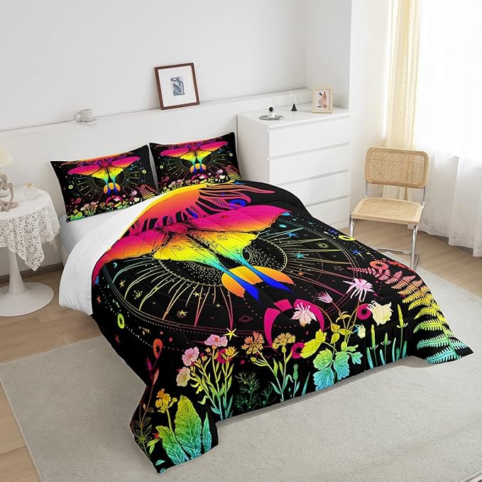 Sun and Moon Comforter Set Queen Rainbow Moth Bedding Sets Hippie Psychedelic Floral Botanical Comforter For Girls Teen Women,Trippy Galaxy Stars Planet Quilt Duvet Colorful 2 Pillow cases