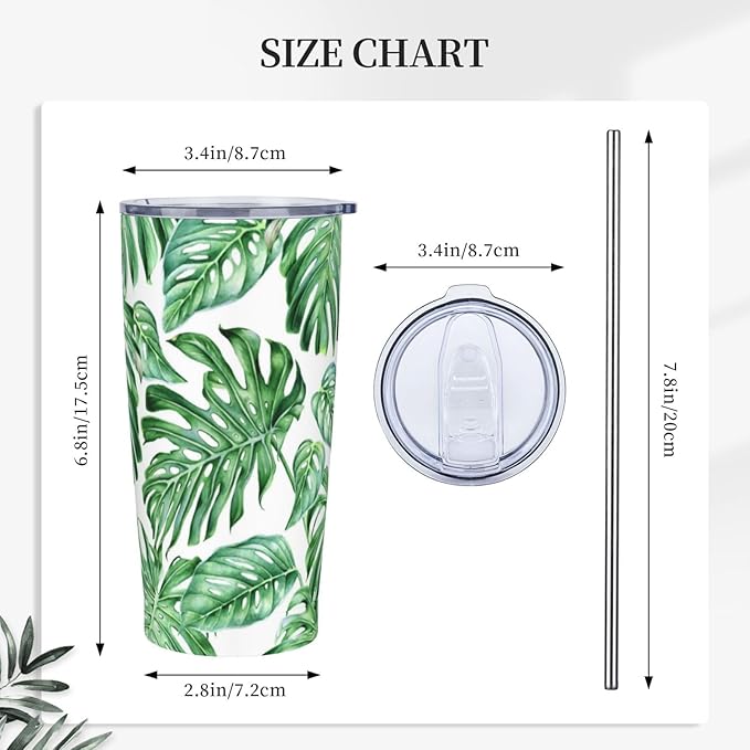 Tropical Palm Leaves Tumbler Stainless Steel Insulated Tumblers with Lid and Straw Reusable Hawaiian Plants Coffee Travel Mug Tea Drinking Wine Cups Unique Gifts for Women 20 Oz