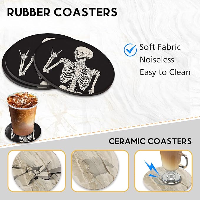 Swooflia Coasters for Drinks Coffee Table, Skeleton Funny Black Silicone Absorbent Cup Coaster Set Housewarming Kitchen Home Wooden Desk Office Bar Tabletop Decor 6 Pack