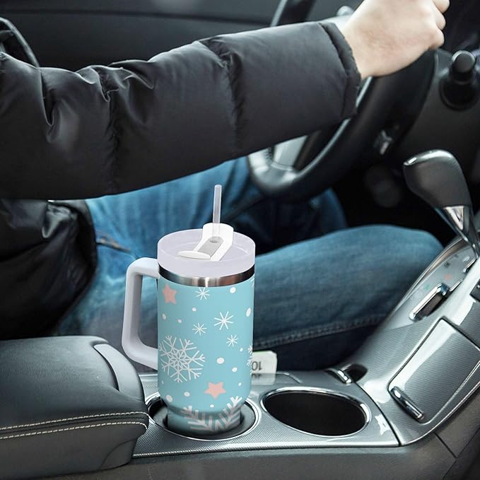 Boccsty Blue White Snowflakes Christmas Insulated Tumblers Reusable Stainless Steel Tumbler 30 oz Cup Coffee Travel Mug Water Bottle with Handle & Flip Straw for Home Office Car