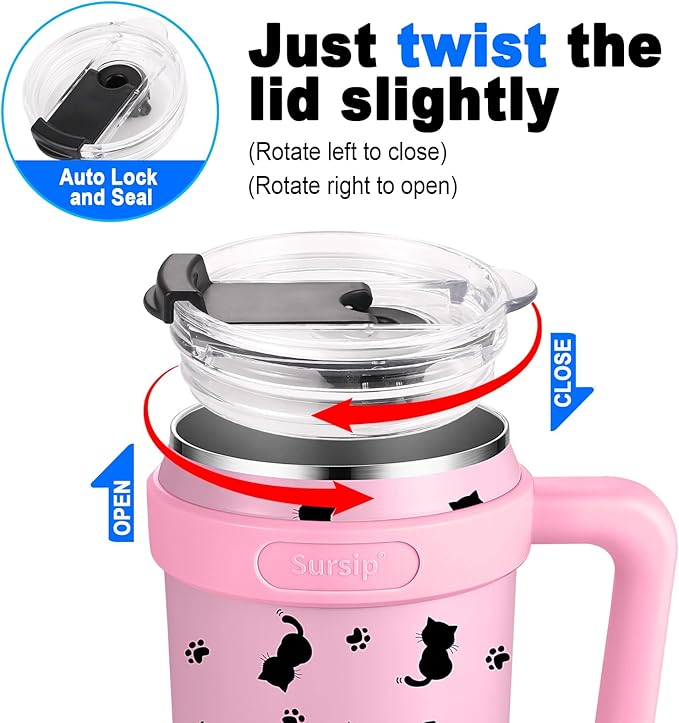Sursip 40 oz Insulated Tumbler with Screw Lid - Stainless Steel Vacuum Cup with Straw and Handle, For Cold/Hot Drinks - Sweat/Leak Proof, Fits Cup Holder, Ideal Gifts for Women/Men (Pink Kitten)