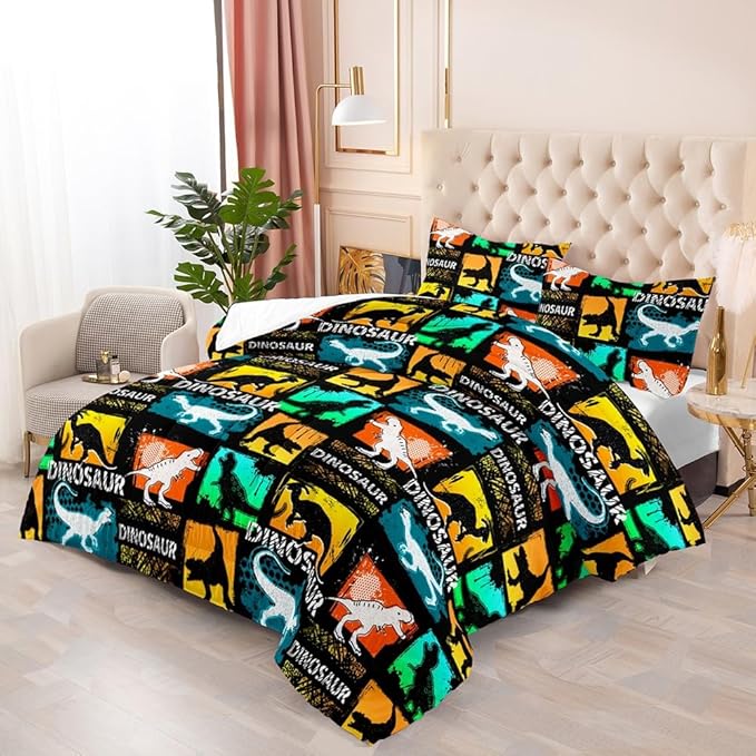 Suncloris Kids Dinosaur Comforter, Colorful Cartoon Dino Bedding Bedspread for Boys Teens, Lightweight Microfiber Geometric Plaid Jungle Animals Quilt Bedroom Decor with 2 Pillow Cases (03, Twin)