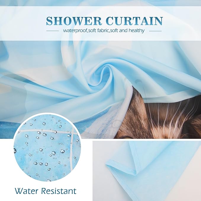 Aimego Stall Small Shower Curtain - Funny Bathing Cat Cute Kitten Taking Shower with Rubber Ducks Fun Narrow Half Fabric Cloth Bath Shower Curtain Set for Kids Bathroom Decor Accessories, 36"x72"