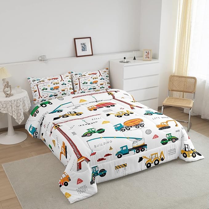 Tractor Comforter, Excavator Machinery Trucks Bedding Set Full Size, Construction Vehicle Down Comforter, Bulldozer Crane Equipment Truck Quilt Set For Child Teens 3Pcs Bedroom Decor, Yellow Green