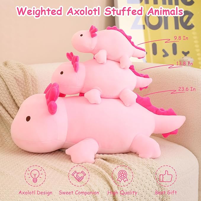 SQEQE Weighted Axolotl Plush Toy, Pink Axolotl Stuffed Animals Cute Plush Pillow, Cute Weighted Stuffed Animals Gifts for Girls & Boys Pink 9.8 Inch, 0.8 Lbs