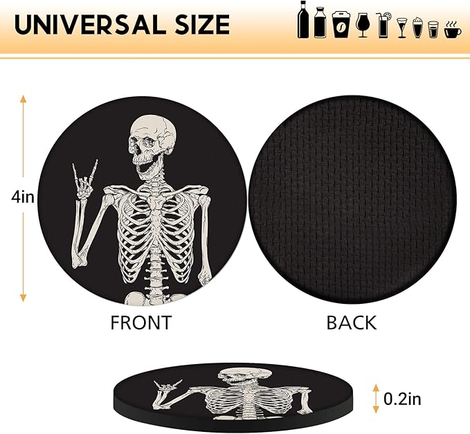 Swooflia Coasters for Drinks Coffee Table, Skeleton Funny Black Silicone Absorbent Cup Coaster Set Housewarming Kitchen Home Wooden Desk Office Bar Tabletop Decor 6 Pack