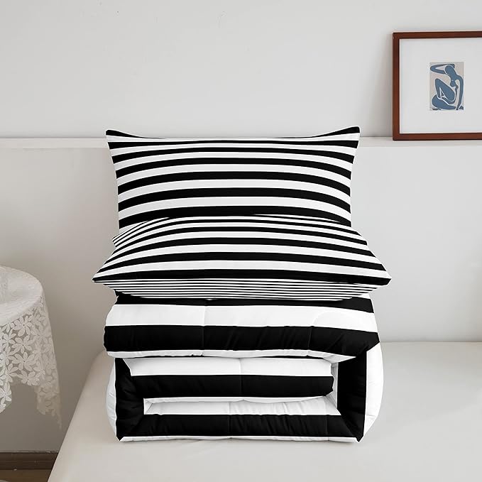 Striped Comforter Set Black and White Stripe Bedding Set Twin Kids Boys Girls Women Men Farmhouse Ticking Stripes Duvet Set Modern Geometric Lines Adults Abstract Gothic Home Decor Soft Reversible