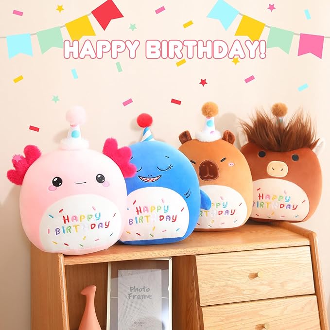 SQEQE Happy Birthday Highland Cow Plush Cute Cow Stuffed Animal Toy Brown Cow Plushies Doll Home Decor for Kids Girls Boys(Cow, 10 Inch)