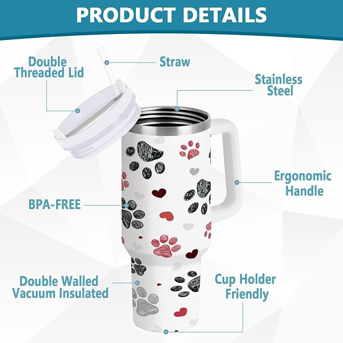 Boccsty Black Red Dog Paw Prints Hearts Insulated Tumblers Reusable Stainless Steel Tumbler 30 oz Cup Coffee Travel Mug Water Bottle with Handle & Flip Straw for Home Office Car