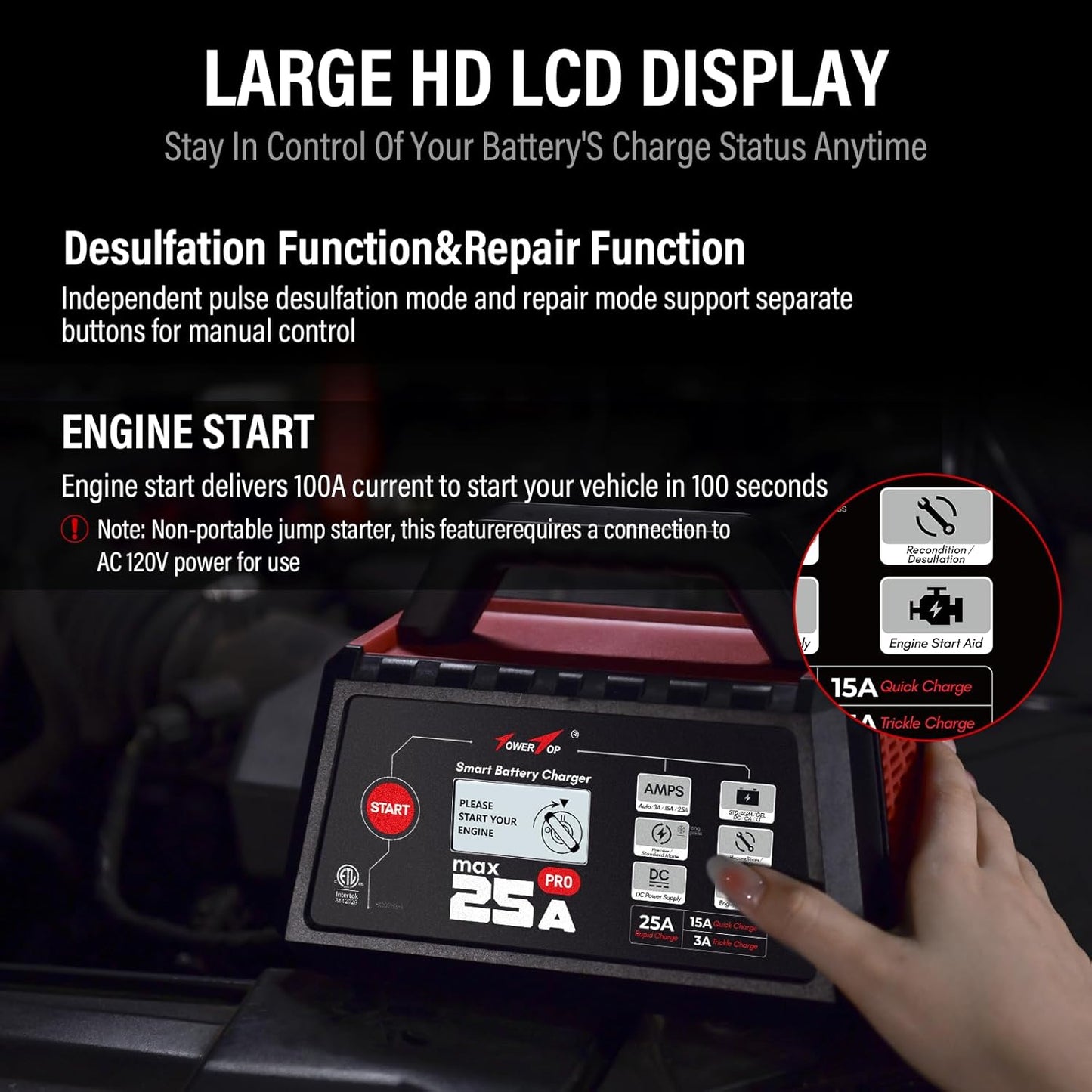 TowerTop 25A Max Pro Battery Charger: 12V Fully Automatic Smart Trickle Charger, Automotive Battery Maintainer with Engine Start, DC Supply, Winter Mode, Recondition,Desulfation, for Lead Acid/Lithium