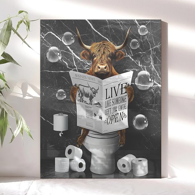 Bathroom Decor Canvas Wall Art Highland Cow Pictures Bathroom Wall Decor Cow Sitting in Toilet Painting Black and White Wall Art for Bathroom Toilet Artwork Framed 16"x20"