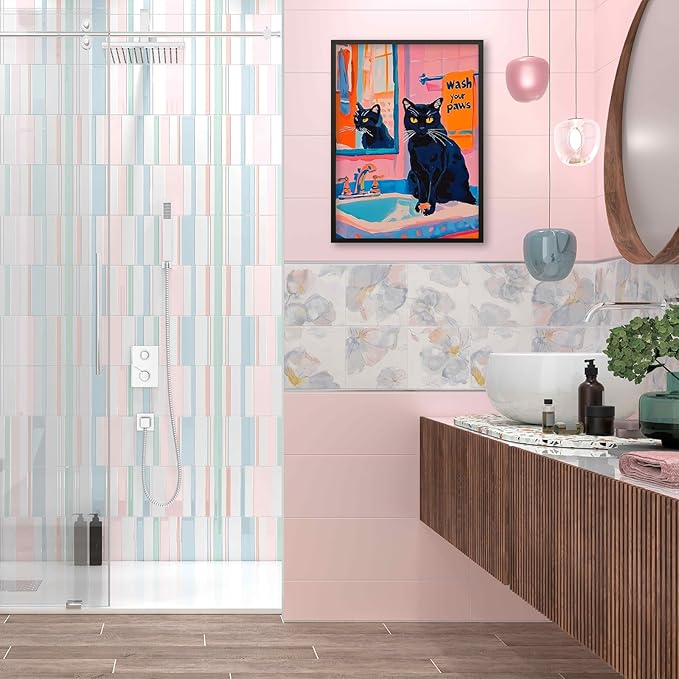 Black Cat Wash Your Paws Fun Wall Art Funky Colorful Bathroom Animal Poster Playful Kitsch Dopamine Aesthetic Canvas Pictures 16x24 inch Black Framed for Bathroom Wall Decor