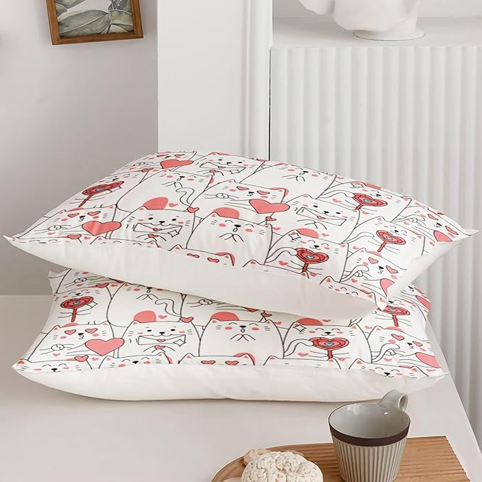 Suncloris Girls Lovely Kitten Comforter Set, Lovely Pink Heart Cats Bedding Bedspread for Kids and Adults, Kawaii Kitty Cats Pattern Quilt Bedroom Decor with 2 Pillow Cases (PinkCat, Twin)