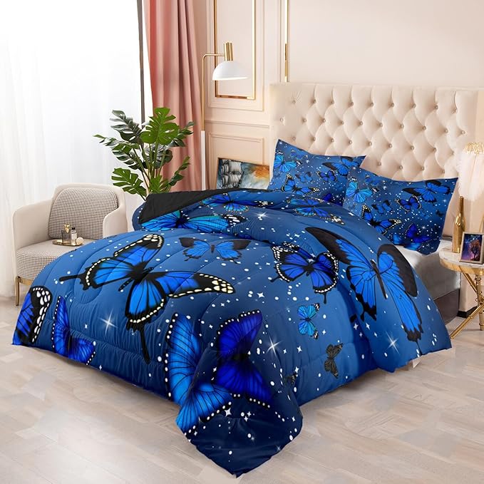 Blue Butterfly Bedding Set for Girls - Queen Size Quilt Set with Sparkle Stars Prints, 1 Comforter + 2 Pillowcases