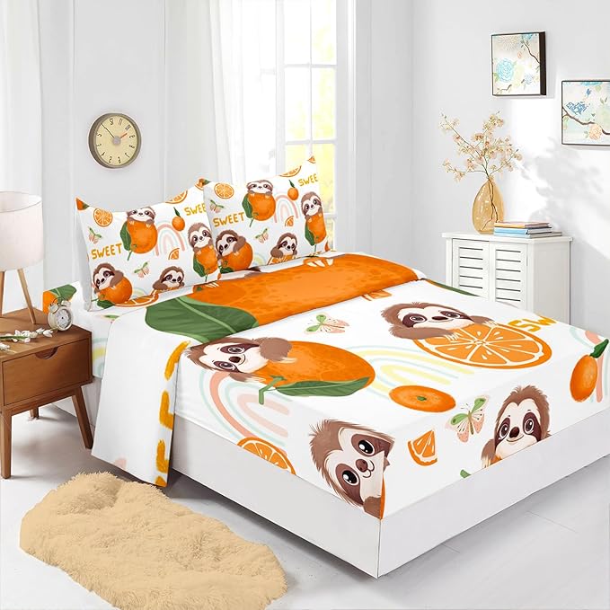 Brown Sloth & Orange Butterfly 4Pcs Rainbow Sweet Pattern Bedding Set for Kids - Queen Size with 1 Flat & 1 Fitted Sheet + 2 Pillowcases