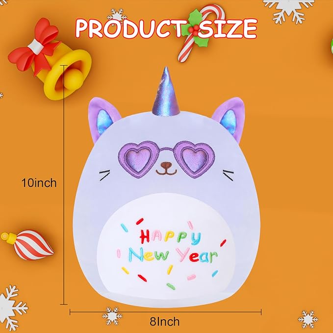 SQEQE Cat Plush Unicorn Cat Stuffed Animal Toy Happy New Year Plushies Kawaii Animal Plushie Doll Gifts for Kids Christmas Party Decoration(Purple, 10 Inch)