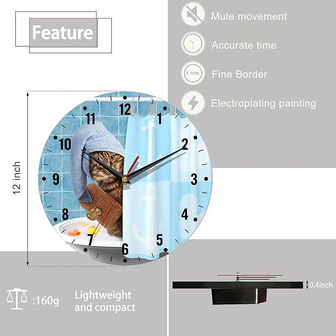 SPUNKER Wall Clock,Bathing Cat Kitchen Wall Clock,Cute Funny Clocks 10 Inch Silent Non-Ticking Wall Battery Operated for Living Room Bedroom Bathroom Laundry Room Decor