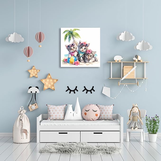 Ypxzzj Cute Kittens in Summer Vacation Canvas Wall Art, Three Kittens Under a Coconut Tree Printing Picture Cute Animal Cats with Glasses for Living Room Bathroom Framed Ready to Hang (14''x14'')