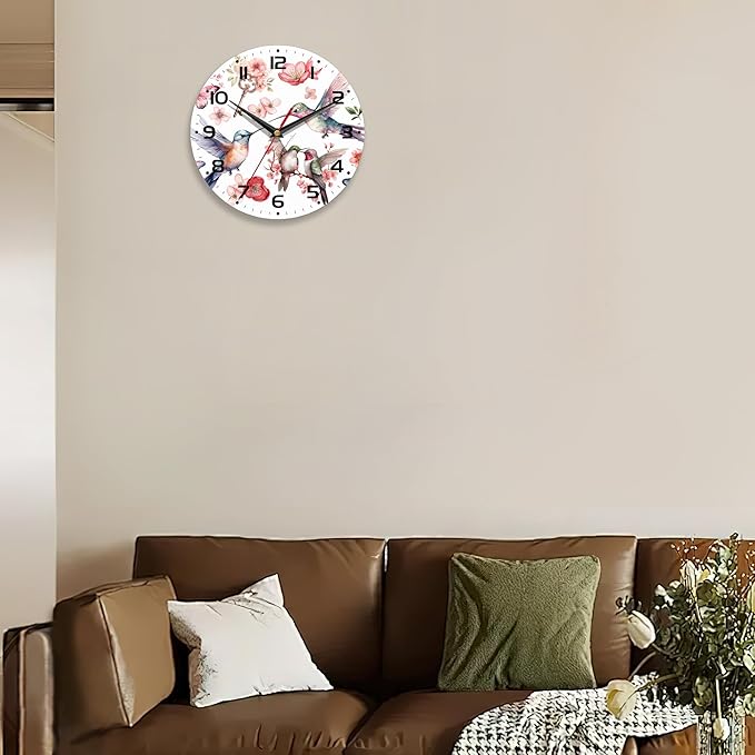 Birds Wall Clocks Battery Operated,Watercolor Humming Birds Clock for Living Room,Decorative Wall Clock for Living Room, Bedroom, Bathroom and Kitchen,10 Inch