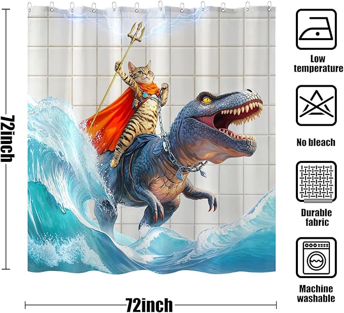 Yeoiat Cat Shower Curtain Ocean Funny Shower Curtain Dinosaur Shower Curtains for Bathroom Wave Shower Curtain Set with 12 Hooks Dinosaur05 72×72 Inches
