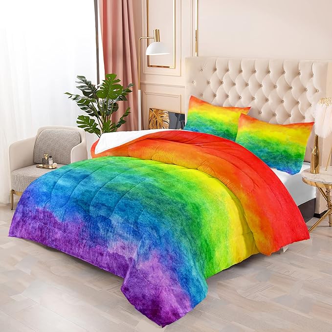 BSNTHO Rainbow Comforter Set Girls Colorful Bedding Set for Kids Teens Tie Dye Down Comforter Pastel Quilt Rainbow Duvet 3Pcs Queen Size Lightweight Ultra Soft Microfiber