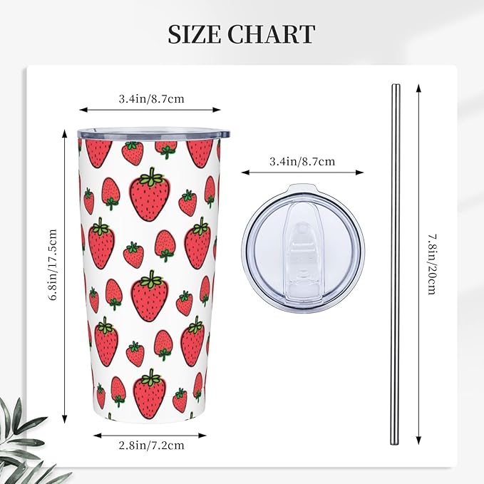 Strawberry Tumbler Berries Stainless Steel Insulated Tumblers with Lid Straw Reusable Summer Fruit Coffee Travel Mug Tea Drinking Water Wine Cups Birthday Gifts for Women 20 Oz