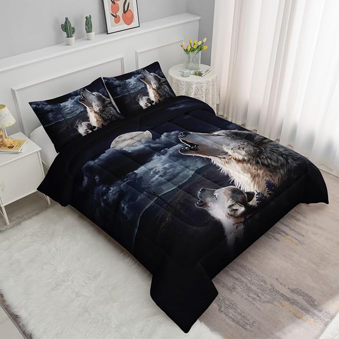 Storm Wolf Kids Comforter Bedding Set for Boys Girls,Watercolor Wolf Dark Clouds Wild Animal Comforter with 2 Pillowcases(Storm Wolf Full)