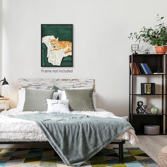 Sleeping Orange Cat poster Green Aesthetic Wall Art Preppy Funky Cute Animal Canvas Painting Gift For Cat Lover for Cozy Room Wall Decor 16x24 inch Unframed