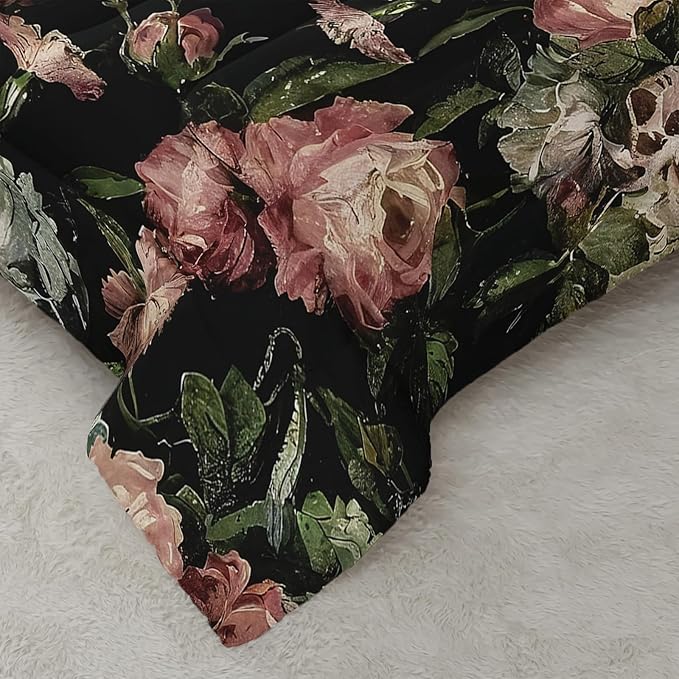 Boho Floral Comforter Set King Black Floral Bedding Sets 3PCS for Kids Teen Adult Flowers Leaves Room Decor Ultra-Soft Lightweight Microfiber 1 Comforter with 2 Pillowcases