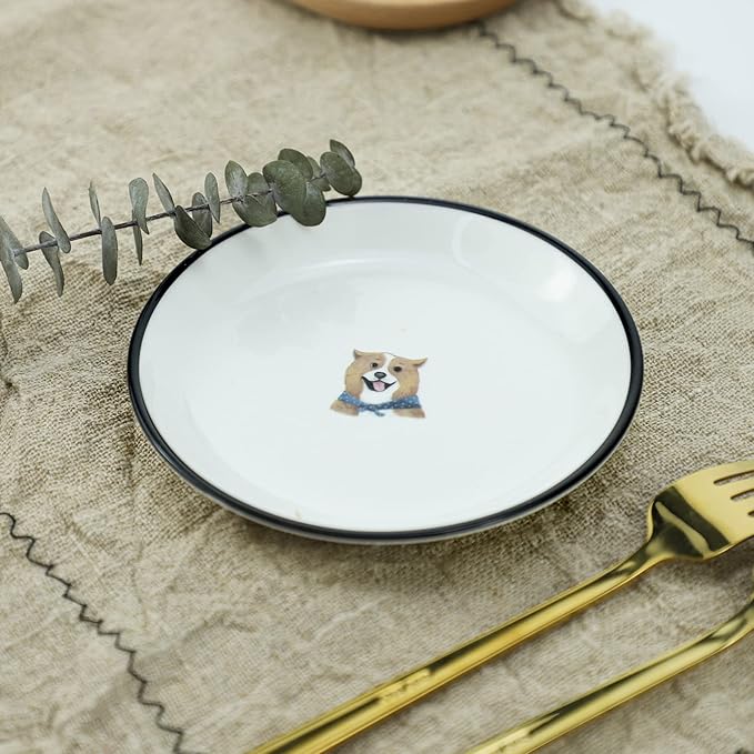WAIT FLY 5 Inches Funny Retro Dog Pattern with Brush Strokes Ceramics Seasoning Dishes/Tea Bag Holders/Ketchup Saucer/Appetizer Plates/Seasoning Dipping Bowls, Set of 4