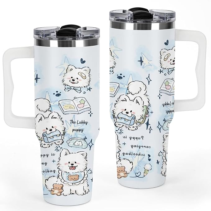 Tumbler with Handle and Lid, Dog Lover Tumbler, 40 oz Lucky Puppy Dogs Printed Insulated Stainless Steel Travel Mug West Highland White Terrier Lover Gifts For Kids, Families, Friends, Love