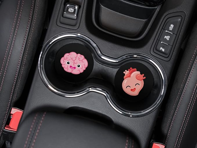WIRESTER, Cute Brain, Pink Heart Design Absorbent ROUND Fabric Felt Neoprene Car Coasters for Drinks (2.87 inches), 2pcs Set