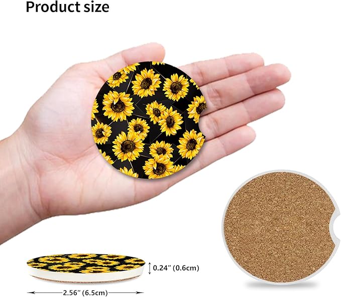Sunflowers Absorbent Car Coasters 2 Pack for Cup Holders, 2.56" Ceramic Stone & Non-Scratch Cork Base Drink Coasters, Auto Accessories for Women & Men