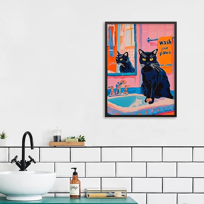 Black Cat Wash Your Paws Fun Wall Art Funky Colorful Bathroom Animal Poster Playful Kitsch Dopamine Aesthetic Canvas Pictures 16x24 inch Black Framed for Bathroom Wall Decor