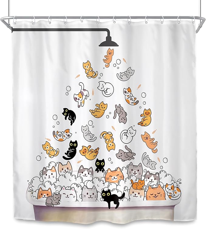 SVBright Extra Long Cat Shower Curtain 72Wx84L Inch for Kids Cute Cartoon Animal Funny Raining Colorful Hilarious Playing Water Lovely 12 Pack Hooks Polyester Waterproof Fabric Bathroom Bathtub Panels